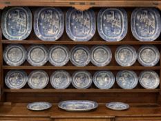 DRESSER PLATES - Willow blue and white meat platters and plates, twenty two pieces