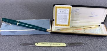 PARKER VINTAGE FOUNTAIN PEN - 14k mark to the nib, a boxed Cross ballpoint pen and a penknife