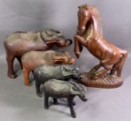 TREEN - four carved water buffalo, 23cms H the tallest and a rearing stallion