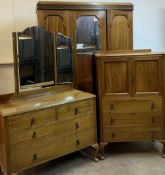 ANTIQUE MAHOGANY THREE PIECE BEDROOM SUITE comprising triple wardrobe with central bevelled mirror