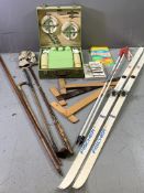 MID-CENTURY CASED PICNIC SET, also vintage cross-country skis, sticks ETC