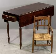 PEMBROKE TABLE - stained with single drawer on turned supports and a vintage child's rush seated