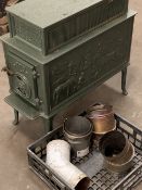 JOTUL GREEN ENAMELLED CAST IRON STOVE with people, moose and other animal detail in relief