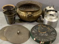 VINTAGE BRASS COAL BIN, 38.5cms diameter with gadrooned and floral decoration, mask handles and