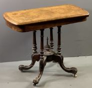 VICTORIAN BURR WALNUT FOLDOVER CARD TABLE on a pedestal support, 75cms H, 91cms W, 45cms D