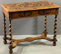 DUTCH MARQUETRY STYLE SIDE TABLE with single drawer, pokerwork detail, shaped cross stretcher on
