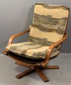 MODERN BENTWOOD SWIVEL ARMCHAIR, 90cms H, 68cms W, 56cms D