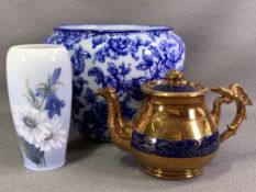 ROYAL COPENHAGEN VASE, 16cms H, a Losolware blue and white planter, 18cms H and a copper lustre