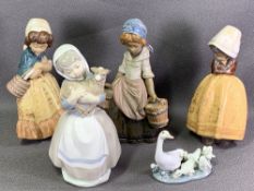LLADRO & NAO FIGURINES (4), approximately 21cms H and a Lladro goose with goslings