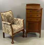 MUSIC CABINET - antique mahogany, three drop down front drawers over a cupboard door, on spade