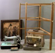 CASED SINGER ELECTRIC SEWING MACHINE with foot pedal and a similar era Jones hand crank sewing