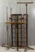 ANTIQUE BRASS & IRONWORK LAMPS (3), quantity of brass stair rods and two glazed multi-panel