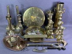 BRASS CANDLESTICKS, trench art, fire irons, a gong ETC