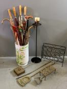 FIRE IRONS, other assorted metalware, shooting stick and other sticks and umbrellas etc within a