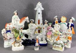 STAFFORDSHIRE FLATBACKS and other ornaments including cobalt base dogs, zebra spillholder, clock