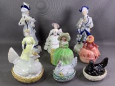 STAFFORDSHIRE HENS ON NESTS (3), Continental and other figurines including Coalport 'Ladies of