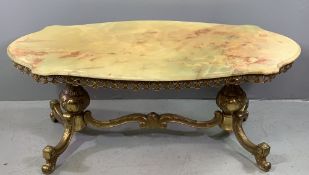 ONYX TOPPED OVAL COFFEE TABLE on twin pedestal brass supports, 48cms H, 121cms W, 57cms D