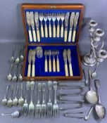 MAHOGANY CUTLERY BOX with bone handled fish knives and forks, EPNS candelabra, flatware ETC