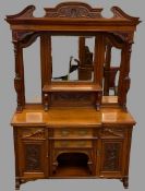 CIRCA 1900 QUALITY MAHOGANY MIRROR BACK SIDEBOARD, the upper section with three bevelled glass