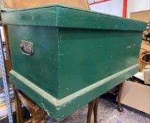 VINTAGE PINE LIDDED BOX painted green, with iron handles, 50cms H, 94cms W, 53cms D and a quantity