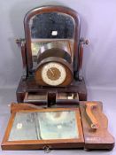 MAHOGANY SWING DRESSING TABLE MIRROR with two base drawers, a polished Smiths mantel clock and other