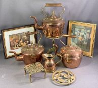 COPPER KETTLES (3) with acorn knops, trivet stands, a Salem print and another print
