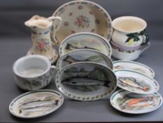 PORTMEIRION POTTERY THE COMPLEAT ANGLER FISH DECORATED PLATTERS (7), three Victorian chamber pots