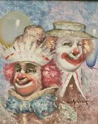 WILLIAM MONINET oil on canvas - Clowns, signed by Frank Carson, Mick Miller, etc verso, 60 x 50cms