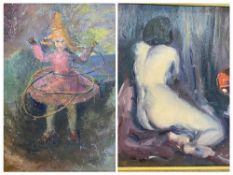 20TH CENTURY oil on board - young girl in pink dress standing and swirling hoops, unsigned, 48 x