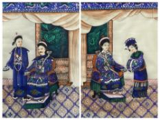 RICE PAPER PAINTINGS, A PAIR - each of two Chinese Nobles with attendants in an interior setting, 28