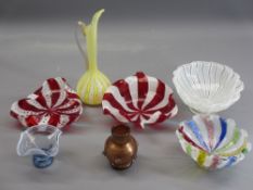 VENETIAN LATTICINO & SIMILAR GLASSWARE, 7 ITEMS - two ruby red and white bowls, 17 and 16cms across,