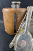 LARGE LEATHER MOUNTED HIP FLASK, sterling hand mirror and brush pair with a hallmarked silver