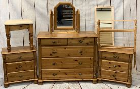 MODERN PINE BEDROOM FURNITURE, 7 PIECES - a chest of two short over three long drawers, 82cms H,