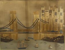 STRAW WORK - a busy scene of Conwy Castle and Suspension Bridge with steam train crossing and