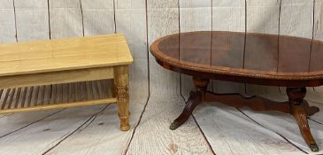 LONG JOHN COFFEE TABLES (2) - an oval reproduction mahogany, 48cms H, 125cms W, 78cms D and a