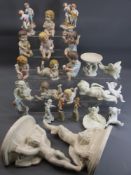 BISQUE PIANO BABIES, Angelic and Cherub ware ornaments and two similarly themed wall brackets