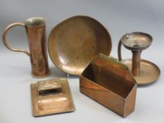 CRAFTED COPPERWARE, FIVE ITEMS to include a pedestal bowl, cylindrical jug, chamber stick with the