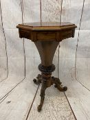 ROSEWOOD SEWING/WORKTABLE - Victorian with octagonal top and lined interior on carved tripod