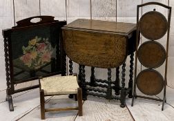 VINTAGE FURNITURE PARCEL, 4 ITEMS - a carved top barley twist oak gateleg table, 67cms H, 59cms W,