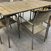 GARDEN FURNITURE - black painted metal table, 74cms H, 150cms W, 90cms D and a set of six matching