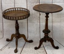 CARVED CIRCULAR TOP SIDE TABLES (2) - an inlaid mixed woods table on a carved walnut tripod base,