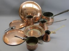 ANTIQUE & VINTAGE COPPER WARE to include skillet type pan covers, conical measures, pans, ETC