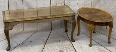 WALNUT COFFEE TABLES (2) - an oval example with piecrust edge and carved detail to the supports,