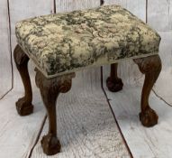 CARVED WALNUT DRESSING STOOL - tapestry style upholstered top with leaf carving to the knees on ball