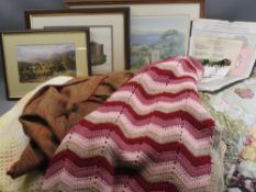 VINTAGE PATCHWORK BED COVER and other covers with a quantity of needlework and other framed