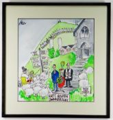 GRENFELL 'GREN' JONES watercolour - Signpost and anniversary couple, Pontypridd and rugby posts in