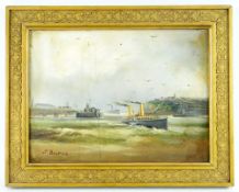 J. BOURNE (19TH/20TH CENTURY) oil on board - Paddlesteamer entering Tiger Bay, Penarth haed in the