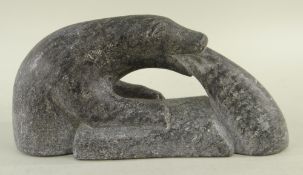 INUIT SUGLUK/SALLUIT CARVING, of a polar bear hunting a seal on an ice floe, by Markusi