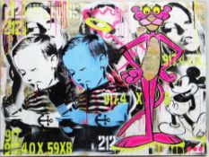 LAYER CAKE (American, b. 1975) mixed media on canvas - 'Pink Twins', 2016, signed verso Sean