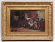19TH CENTURY SCHOOL oil on board - Cottage interior with old flute payer and children, 30 x 46cms